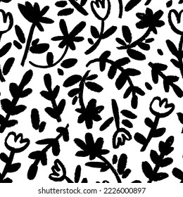 Childish floral pattern in small black flowers on stems. Ditsy print, spring botanical seamless pattern. Brush drawn vector wild flowers. Hand drawn sketch chamomiles and branches with leaves.