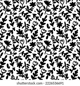 Childish floral pattern in small black flowers on stems. Ditsy print, spring botanical seamless pattern. Brush drawn vector wild flowers. Hand drawn sketch chamomiles and branches with leaves.
