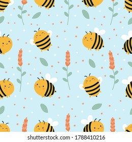 Childish floral seamless pattern with cute cartoon kawaii bees, flowers on blue background. Hand drawn floral vector illustration. 