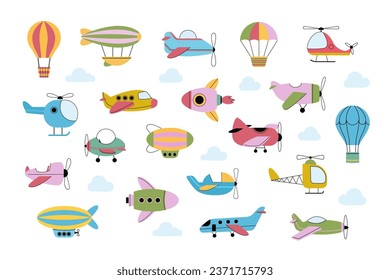 childish flying transport. kids adventure travel, minimalistic flat doodle airplanes airships. vector cartoon objects set.