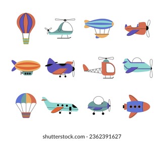 childish flying transport. minimalistic flat doodle airplanes airships, kids adventure travel. vector cartoon flat objects set.