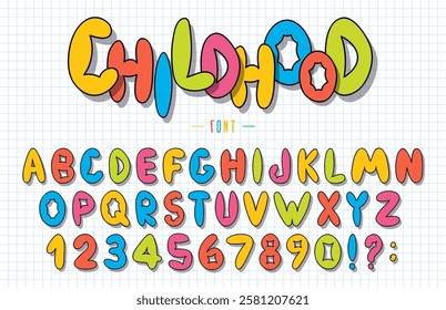 Childish font and alphabet with numbers. Colorful font for kids in a playful style. Colorful bubble alphabet with numbers for toys and games. Vector