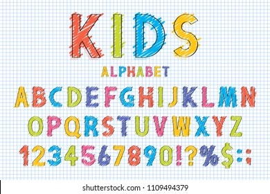 Childish font and alphabet in school style. Pencil scribbles stylized in english alphabet with numbers. Cute font for children. Vector
