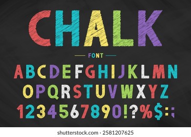 Childish font and alphabet in school style. Chalk and crayon scribbles stylized in the English alphabet with numbers. The letters and numbers are in a freehand kids style. Kids colorful font. Vector