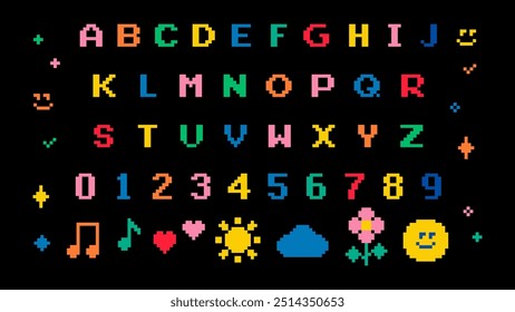 Childish font set in pixel art. Pixel alphabet letters and number. Funny naive design elements. Mood of 90's aesthetics. 8-bit retro style vector typeface for kids design, game, website, print, card