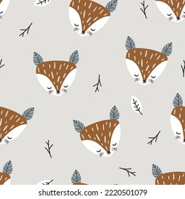 Childish forest pattern with cute fox heads and leaves. Woodland kids texture for fabric, textile, wallpaper. Vector illustration