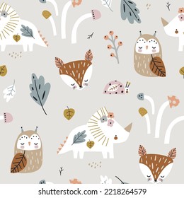 Childish forest pattern with dino, fox, owl, mushrooms. Woodland kids texture for fabric, textile, wallpaper. Vector illustration