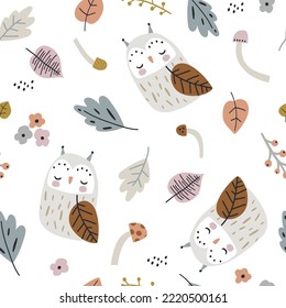 Childish forest pattern with owl, leaves, mushrooms. Woodland kids texture for fabric, textile, wallpaper. Vector illustration