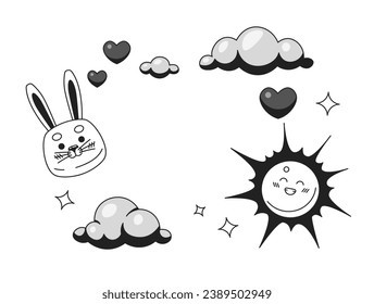 Childish frame black and white 2D illustration concept. Baby shower decoration. Childhood border isolated cartoon outline scene. Dreamy clouds, cute bunny, smiling sun metaphor monochrome vector art