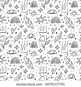 Childish freehand scribble and hand drawn crayon shapes seamless pattern. Crayon leaves, eyes, rainbow and stars. Hand drawn small stripes and decorative dashes. Charcoal line doodle seamless pattern.
