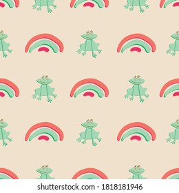 Childish frogs and rainbows seamless vector pattern. Cure surface print design for fabrics, stationery, scrapbook paper, gift wrap, nursery home decor, textiles, and packaging.