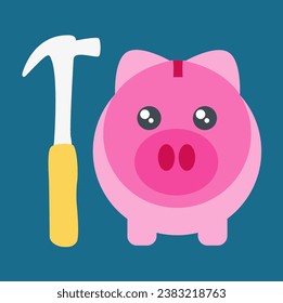 childish front piggy bank cartoon flat design vector symbol for save money. business and finance savings logo and hammer icon for children. open account and smash the cash. break the pig illustration