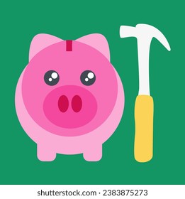 childish front piggy bank cartoon flat design vector symbol for save money. business and finance savings logo and hammer icon for children. open account and smash the cash. break the pig illustration