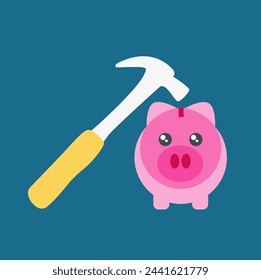 childish front piggy bank cartoon flat design vector symbol for save money. business and finance savings logo and hammer icon for children. open account and smash the cash. break the pig illustration