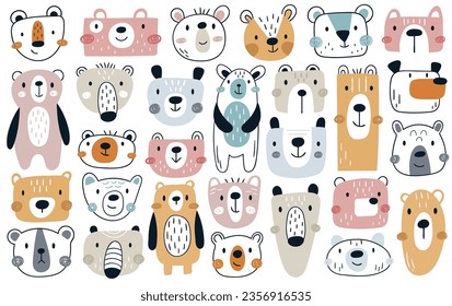 Childish funny bears wild forest animal doodle hand drawn characters isolated set on white background. Cute grizzly full-length, head and kawaii faces with happy smile emotion vector illustration