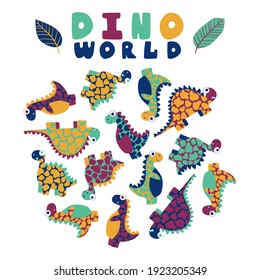 Childish funny dino world set stock vector illustration. Motley friendly dinosaurus print. Cartoon hand drawn prehistoric animals isolated on white. Perfect for t-shirts, bags and more. One of a serie