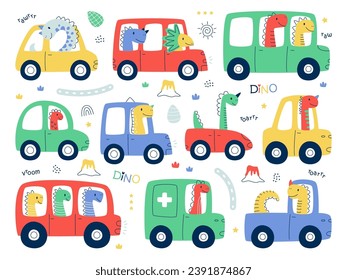 Childish funny dinosaur racer enjoying adventure traveling by car isolated set on white . Cute prehistoric animal jurassic creature dino baby happy character riding automobile vector illustration