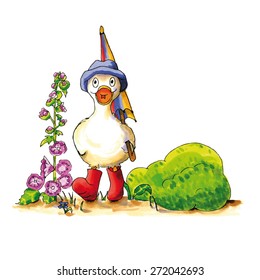 Childish funny duck illustration with boots and umbrella