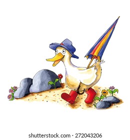 Childish funny duck illustration with boots and umbrella
