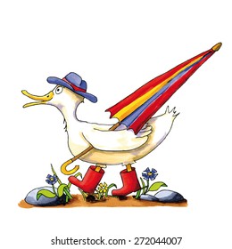 Childish funny duck illustration with boots and umbrella
