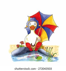 Childish funny duck illustration sitting near lake with boots and umbrella