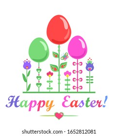 Childish funny Easter greeting card with painted eggs and abstract flowers. Flat design