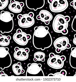 Childish funny seamless pattern. vector with cute cartoon pandas, decorative elements on a dark background. hand drawing. design for textile, fabric, print