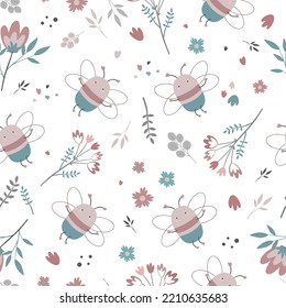 childish gentle seamless pattern with cute bees pink flowers, gray and blue twigs and hearts