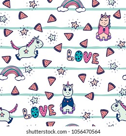 Childish girly seamless pattern with hand drawn doodle unicorns, stars, stripes, watermelon and lettering. Baby clothes texture, room wallpaper design. Vector illustration.