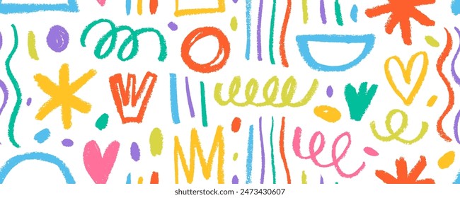 Childish girly style crayon doodle seamless pattern. Hand drawn colorful doodle squiggles, shapes, crowns and dots. Pencil or charcoal drawings. Fun abstract shapes seamless banner.