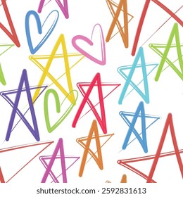 Childish girly style crayon doodle seamless pattern. Hand drawn colorful doodle squiggles, shapes, stars and hearts. Pencil or charcoal drawings. Fun abstract shapes seamless banner