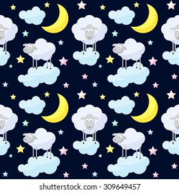 Childish good night sleep seamless pattern background. Cartoon moon,  star, sheep for design card, wallpaper, wrapping paper, album, book, scrapbook, textile fabric, garment, t-shirt. 