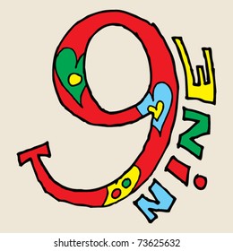 childish graffiti numerals, doodle number nine
