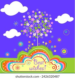 Childish greeting card with abstract decorative flowered cherry-tree or apple tree. Funny applique on blue background