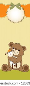 childish greeting card with teddy bear and his toy, vector illustration