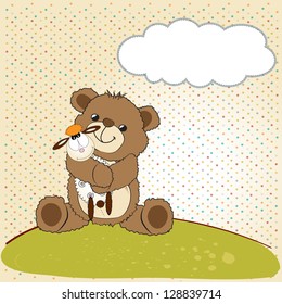 childish greeting card with teddy bear and his toy, vector illustration