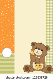 childish greeting card with teddy bear and his toy, vector illustration