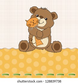 childish greeting card with teddy bear and his toy, vector illustration