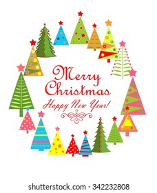 Childish greeting card for winter holiday with paper colorful firs