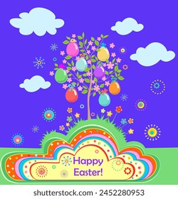 Childish greeting Easter card with blooming cherry-tree or apple-tree with hanging colored eggs. Funny applique on blue background