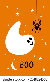 Childish Halloween boo card. Cute little white ghost looking at spider. Flat vector illustration for holiday celebration. Hand drawn Boo lettering. Funny Happy Halloween for print, nursery decor
