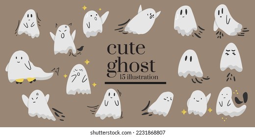 Childish Halloween illustration collection set. Halloween vector with cartoon cute ghosts with different emotions and face expressions on brown background 