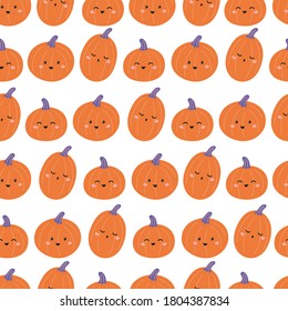 Childish Halloween seamless pattern with funny pumpkins. Kawaii cartoon characters. Autumn vector illustration.