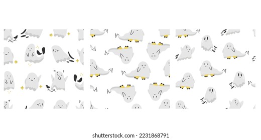 Childish Halloween seamless pattern. Halloween vector pattern with cartoon cute ghosts on white background. Perfect for Halloween party, card, event, stickers, wallpaper etc.