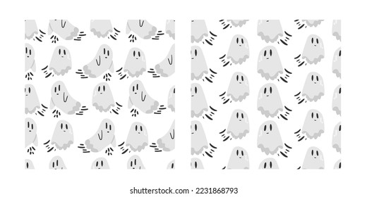 Patrón de Halloween infantil sin costuras. Patrón vectorial de Halloween con dibujos animados fantasmas lindos sobre fondo blanco. Perfecto para la fiesta de Halloween, tarjeta, evento, pegatinas, fondo de pantalla, etc.