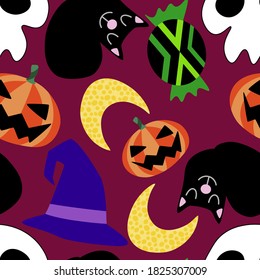 Childish halloween vector seamless pattern. Cartoon black cats, half moons, carved pumpkins, witch hats, candies and skulls on wine color endless texture. 