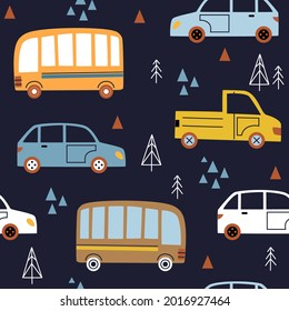 Childish hand draw seamless pattern with cars and trees on dark background. Trendy scandinavian vector background. Perfect for kids nursery, wear, fabric, textile, apparel, decoration, wrapping paper