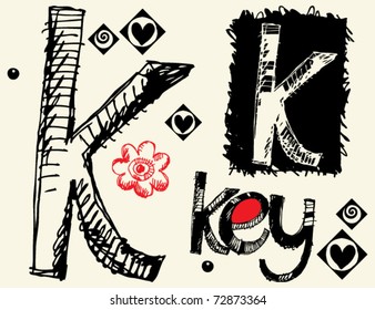 childish hand drawn alphabet, crazy doodle K