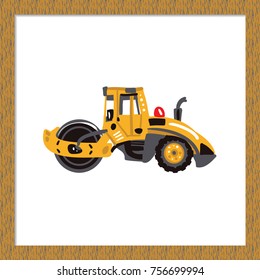 Childish hand drawn construction machinery illustration: road roller in childlike sketch style. Isolated element on white backdrop in wooden frame.