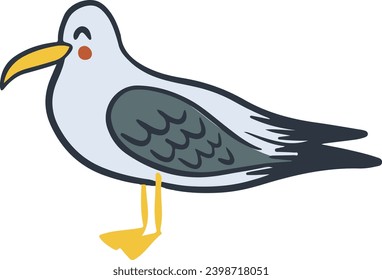 Childish hand drawn drawing of seagull. Funny sea bird in cartoon style. Summer holiday concept character. Perfect for sea style decoration, sticker. Kids illustration